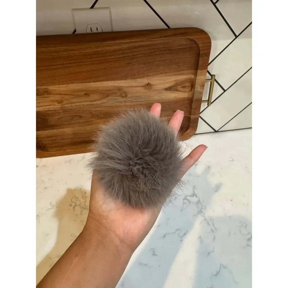 Michael Kors Large Fur Pom Pom Bag Charm keychain neutral glam silver tone